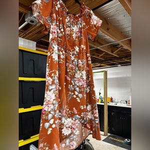 Orange with flowers off the shoulder dress